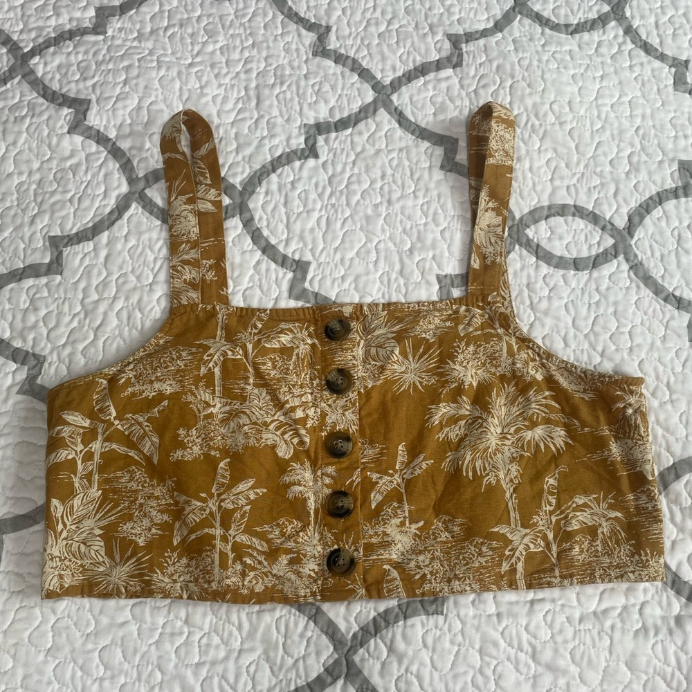 American Eagle Cropped Mustard Yellow Palm Tree Tank Top Women’s size Medium